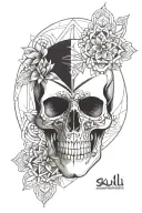 skull with mandala on forehead and a geometric background  tattoo design idea