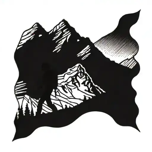 A silhouette of a hiker walking along the Pacific Crest Trail with a mountain range in the background tattoo design idea