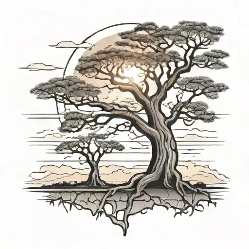sunset and an abstrait baobab tree in black and white drawing tattoo design idea