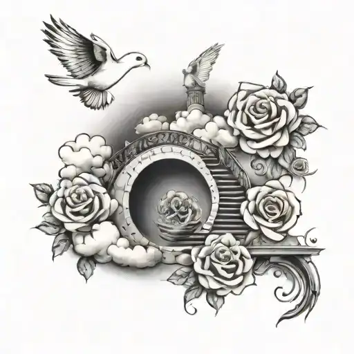 Draw me a tattoo idea with the clouds and a stairway to heaven in the clouds at the top with a dove in the middle rose b tattoo design idea