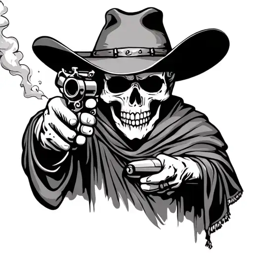 skull wearing a poncho and cowboy hat, pointing a revolver that's been shot with smoke coming out of the barrel. outline tattoo design idea