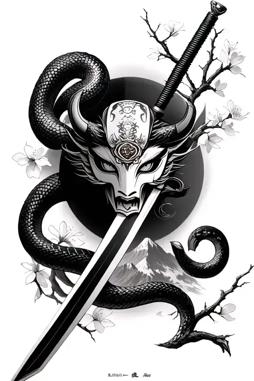katana sword with oni mask and a snake wrapped around going through one eye cherry blossoms and twigs and a mountain tattoo design idea