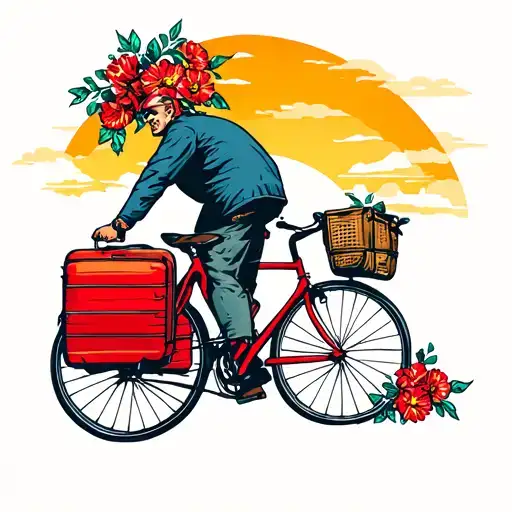 cyclist traveling man, red luggage bags, sun in background, flowers around  tattoo design idea