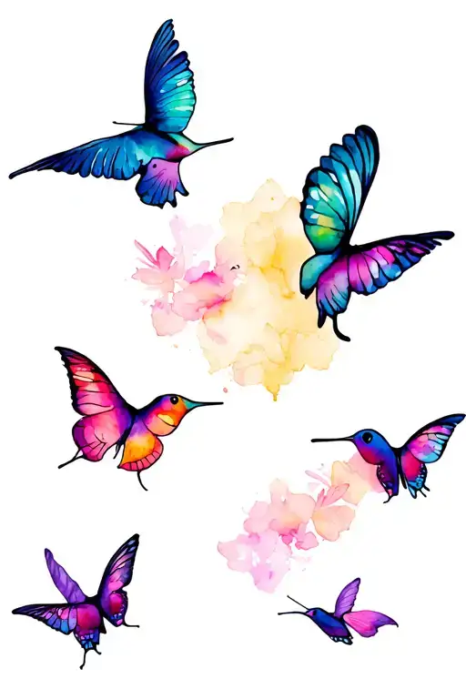 elephant butterflies hummingbird flying tattoo design idea