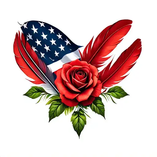 red feathers, colored feathers, american flag, green leaves, roses tattoo design idea