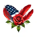 red feathers, colored feathers, american flag, green leaves, roses tattoo design idea