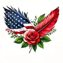 red feathers, colored feathers, american flag, green leaves, roses tattoo design idea