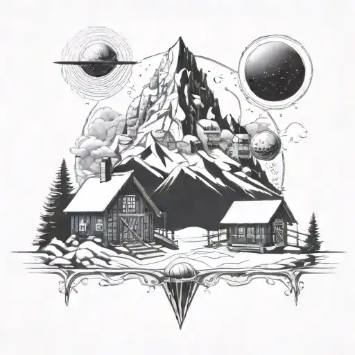 an old ice village with dark energy, big mountains ,old cabins and ice tattoo design idea