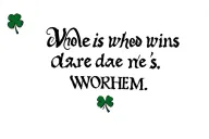 Irish style with a small trefle and a little leprechaun. Inscribe in handwritten letters who dares wins tattoo design idea