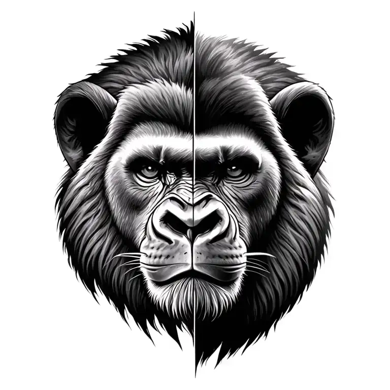 lion half face gorilla half face tattoo design idea