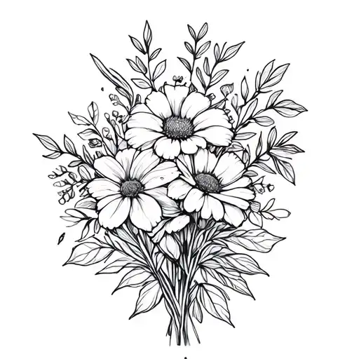 June and august birth flower bouquet fine line tattoo design idea