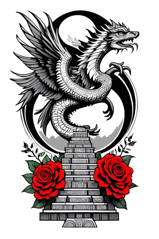Quetzalcoatl flying around the Aztec temple with red roses and the moon tattoo design idea