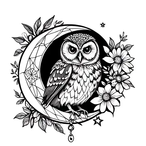 a barred owl on the middle of a crescent moon surrounded by flowers and some dangling jewelry and stars tattoo design idea