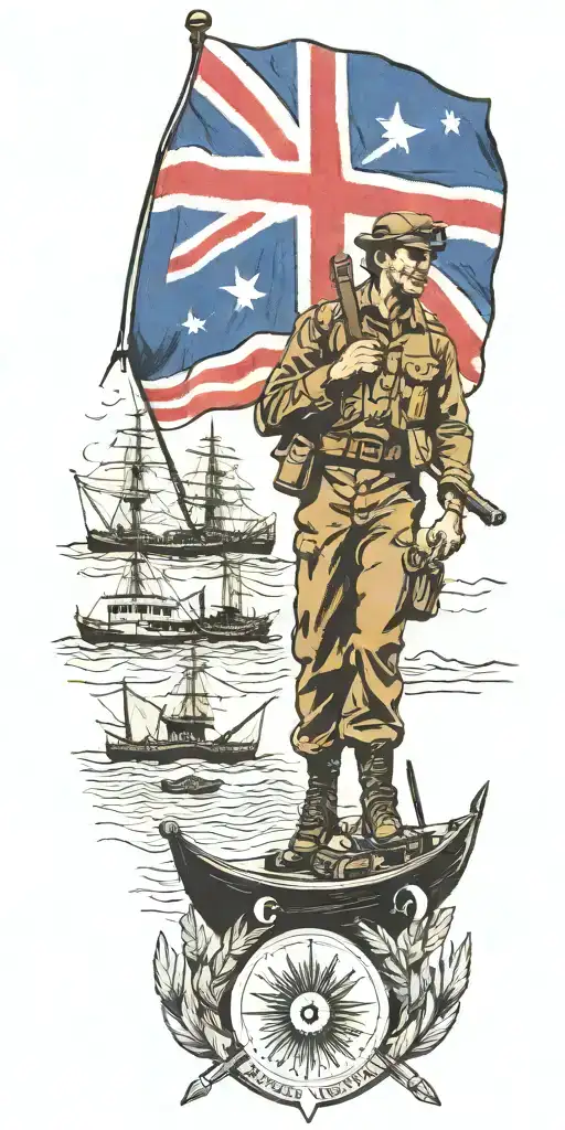 war soldier with Australian flag and boats and planes tattoo design idea
