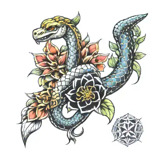 Snake Flower Viking with Metatron Cube tattoo design idea