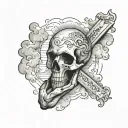 back of hand tattoo with MEMENTO MORI written in cursive surrounded by shading and clouds tattoo design idea
