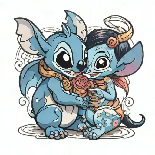 stitch and angel in love tattoo design idea