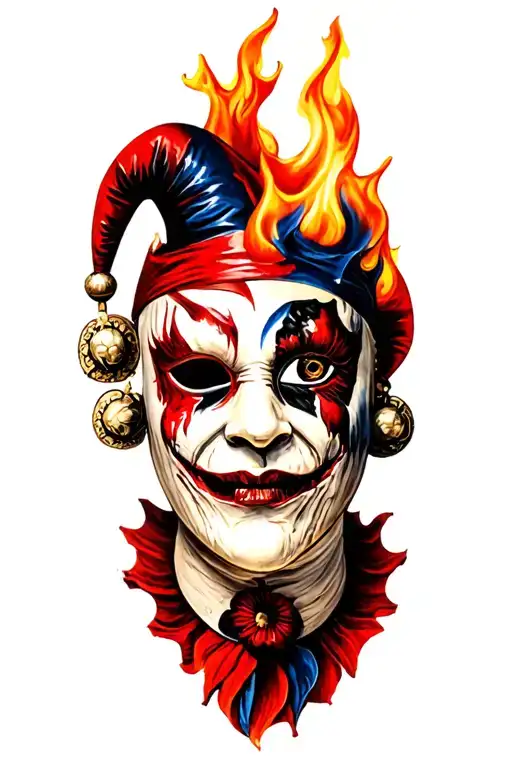 Venetian masks, fire and flame, zombie jester tattoo design idea