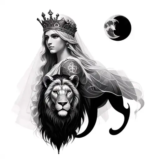 black & grey realism greek goddess leto with light color hair, wearing crown with veil, a lion and moon tattoo design idea