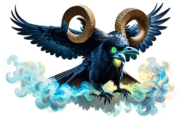 Devine Raven with glowing hazel green eyes, flying, ram with glowing white smoke, glowing blue eyes ready to spar, tree  tattoo design idea
