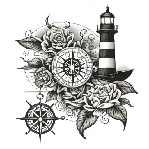 Lighthouse with Compass rose with anchor tattoo design idea