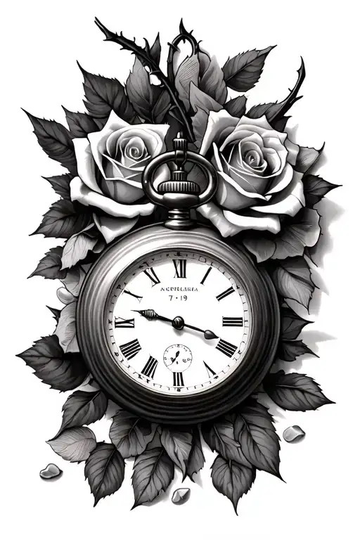 roses and pocketwatch. rose petals made from book pages. thorns and fallen petals. pocketwatch time 7:19 tattoo design idea