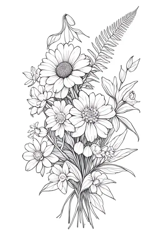 flower bouqet with chrysanthemum, snowdrop, carnation, sweetpea, daffodils, fern, gerium rozane tattoo design idea