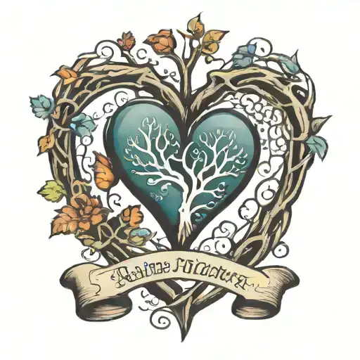 parents thumb prints in shape of a heart with siblings name coming out from the bottom of the heart in forms of roots tattoo design idea