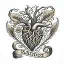 parents thumb prints in shape of a heart with siblings name coming out from the bottom of the heart in forms of roots tattoo design idea