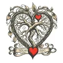 parents thumb prints in shape of a heart with siblings name coming out from the bottom of the heart in forms of roots tattoo design idea