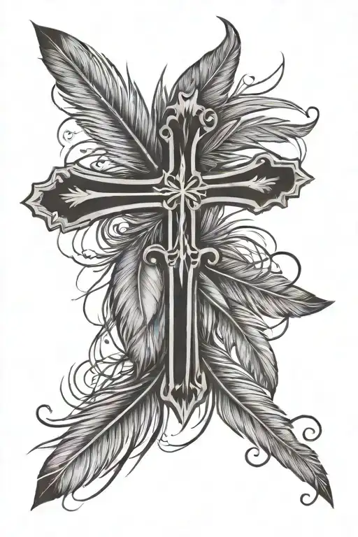 Cross and Bird feather  tattoo design idea