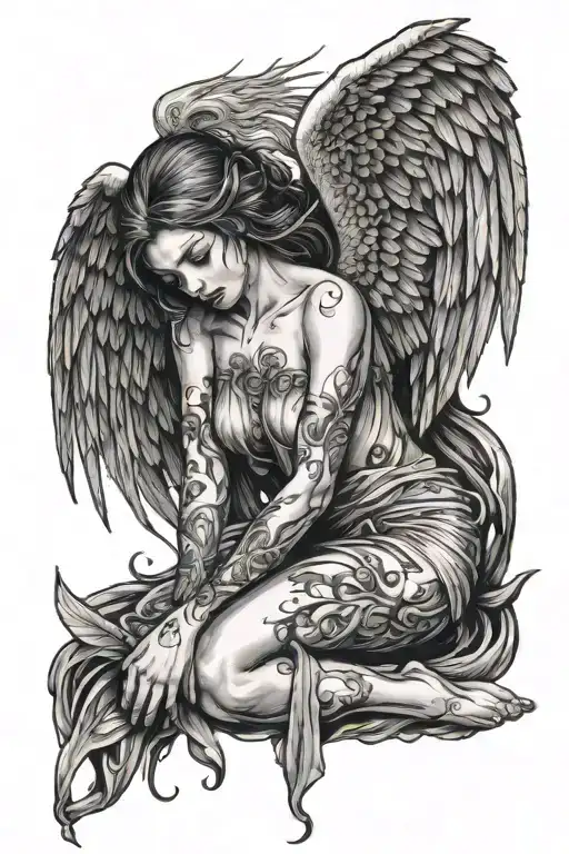 fallen angel with cut wings crying tattoo design idea