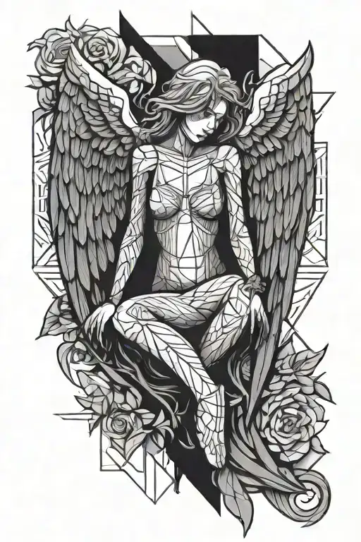 fallen angel with cut wings crying tattoo design idea