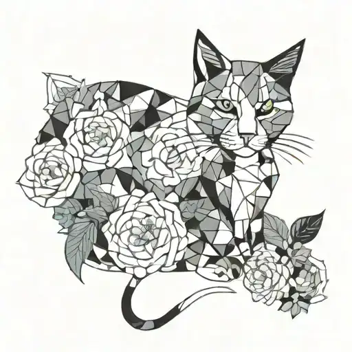 cat and flowers tattoo design idea