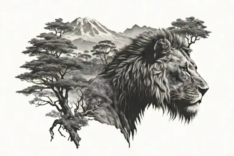 kilimanjaro , trees, lion surrounded tattoo design idea