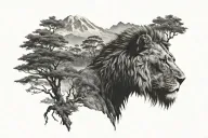 kilimanjaro , trees, lion surrounded tattoo design idea