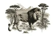 kilimanjaro , trees, lion surrounded tattoo design idea
