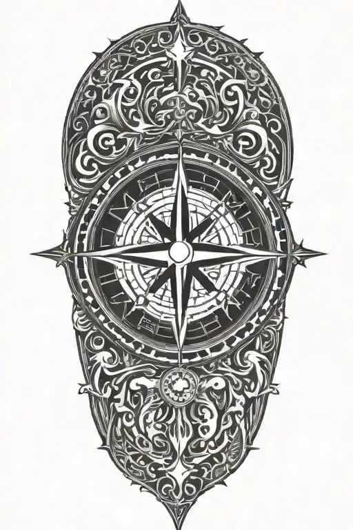 A detailed compass rose with intricate patterns symbolizing strength and direction tattoo design idea