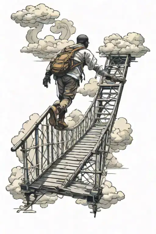 black man walking in a bridge in the sky to join a perfect divine version of himself  tattoo design idea