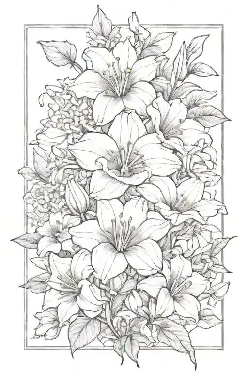 flower bouquet with a cosmo, rose, lily, poppy, morning glory, and daffodil tattoo design idea