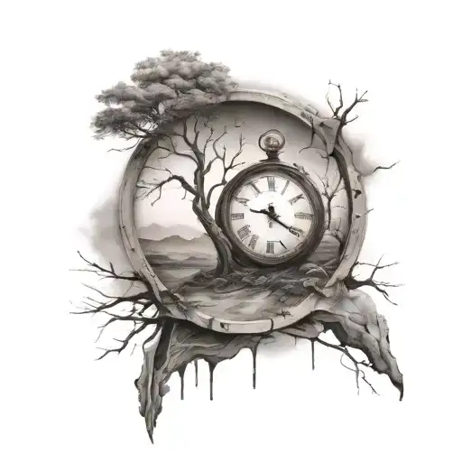 A tattoo combining symbols of a broken family and solitude, with a broken clock and a lone tree in a barren landscape tattoo design idea