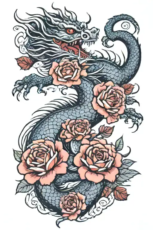 Oriental dragon with roses tattoo design idea