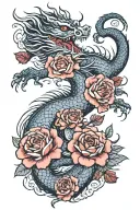 Oriental dragon with roses tattoo design idea