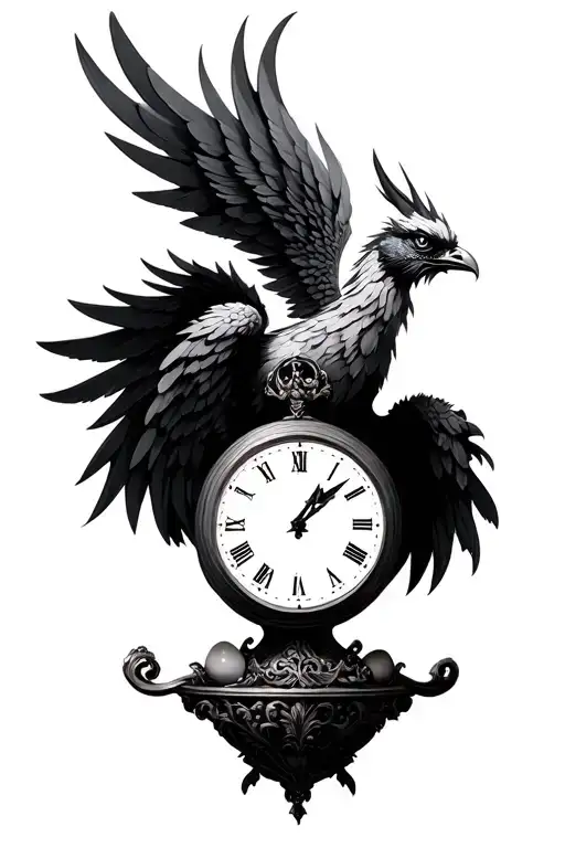 Create a phoenix with V -shaped wings. Introduce a clock instead of the body, three eggs. A paste that l tattoo design idea