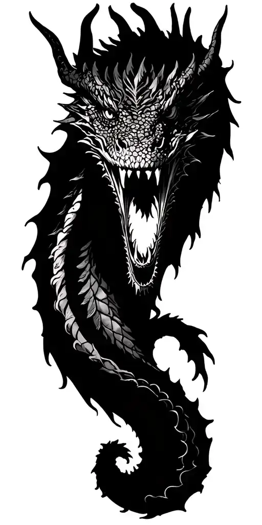 dragon around the arm, mouth on shoulder with the sol of may in the mouth  tattoo design idea