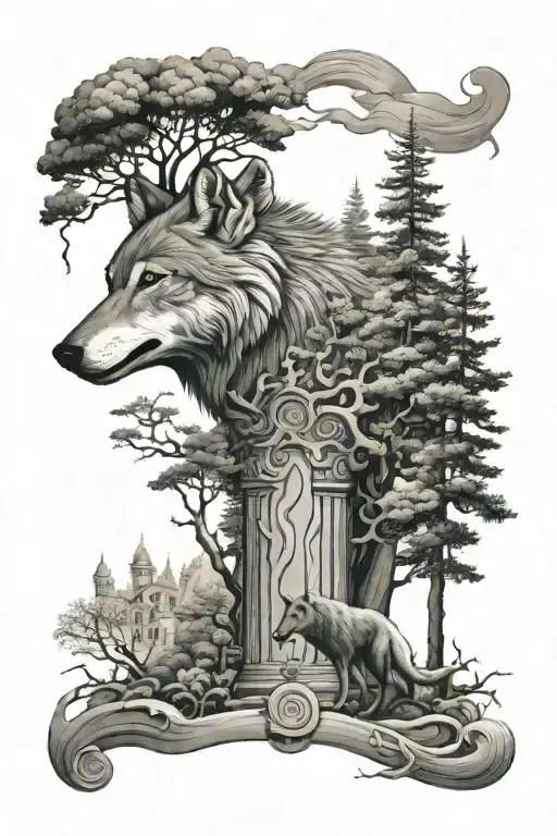 wolf in a surreal forest scene with a greek pillar in the background tattoo design idea
