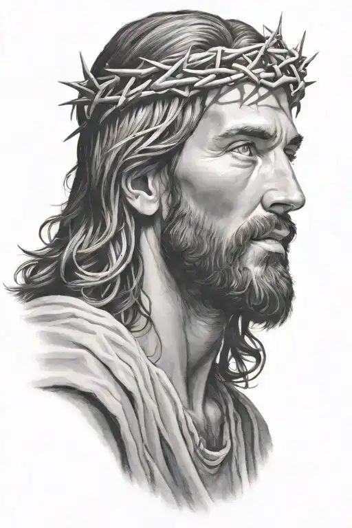 Hyper realistic portrait of Jesus Christ with a crown of thorns, looking down  tattoo design idea