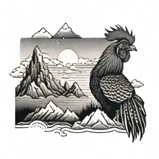 A tattoo of a rooster and chango black bird perched on a mountain peak overlooking the ocean in Detroit tattoo design idea