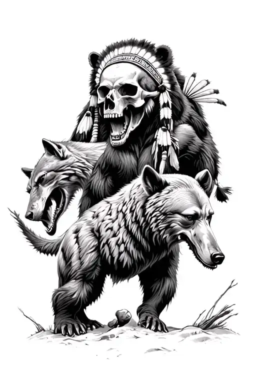 Grizzly bear fighting a pack of hyenas, a dire wolf incorporated in, a Native American skull with a headdress on it tattoo design idea