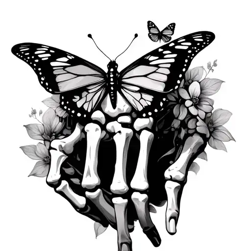 skeleton hand with skin on fingers and butterfly landed on finger tattoo design idea